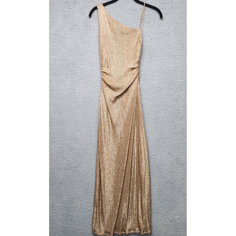 DAVID MEISTER Women's Size 2 Gold Metallic One Shoulder Long Formal Dress
